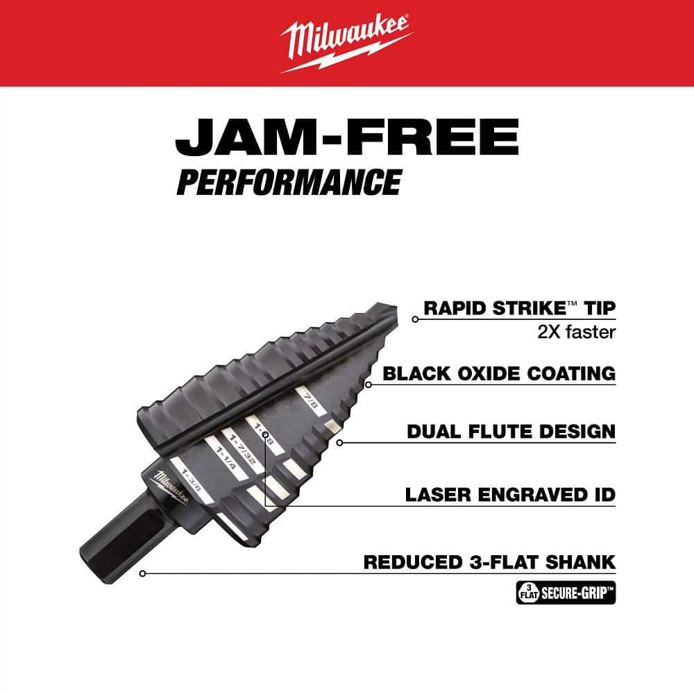 Milwaukee #12 Step Drill Bit, 7/8 in. to 1-3/8 in., Black Oxide, 12-Step