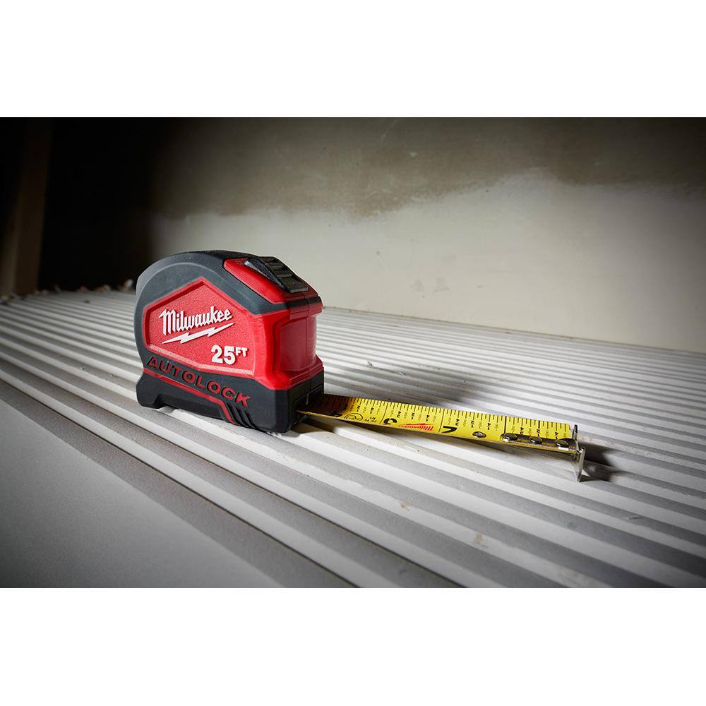 Milwaukee 25 ft. Compact Auto-Lock Tape Measure, Nylon-Coated Blade, 12 ft Reach (2-Pack)
