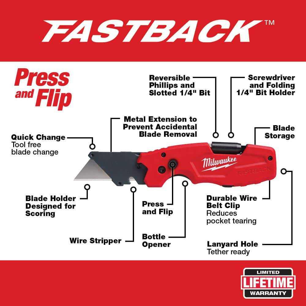 Milwaukee FASTBACK 6-in-1 Folding Knife with 3 in. Blade and General Purpose Utility Blades (50-Pack)