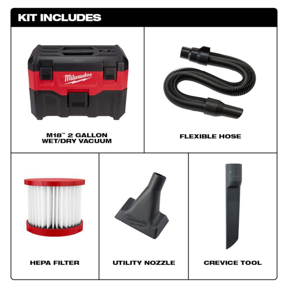 Milwaukee M18 18-Volt 2 Gal. Lithium-Ion Cordless Wet/Dry Vacuum Kit with (2) M18 5.0 Ah Batteries