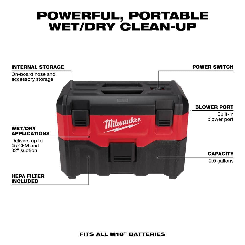 Milwaukee M18 18-Volt 2 Gal. Cordless Wet/Dry Vacuum Kit with 2 M18 High Output 3.0Ah Batteries