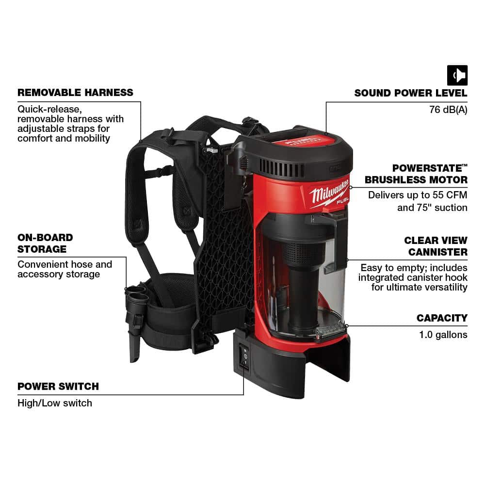 Milwaukee M18 FUEL 18V Brushless 1 Gallon Cordless 3‑in‑1 Backpack Vacuum, Tool‑Only (0885-20)
