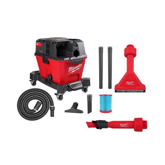 Milwaukee M18 FUEL 6 Gal. Cordless Wet/Dry Shop Vac with Filter, 1-7/8 in. x 9 ft Hose, Utility Nozzle & AIR-TIP 1-1/4–2-1/2 in. Cross Brush Tool
