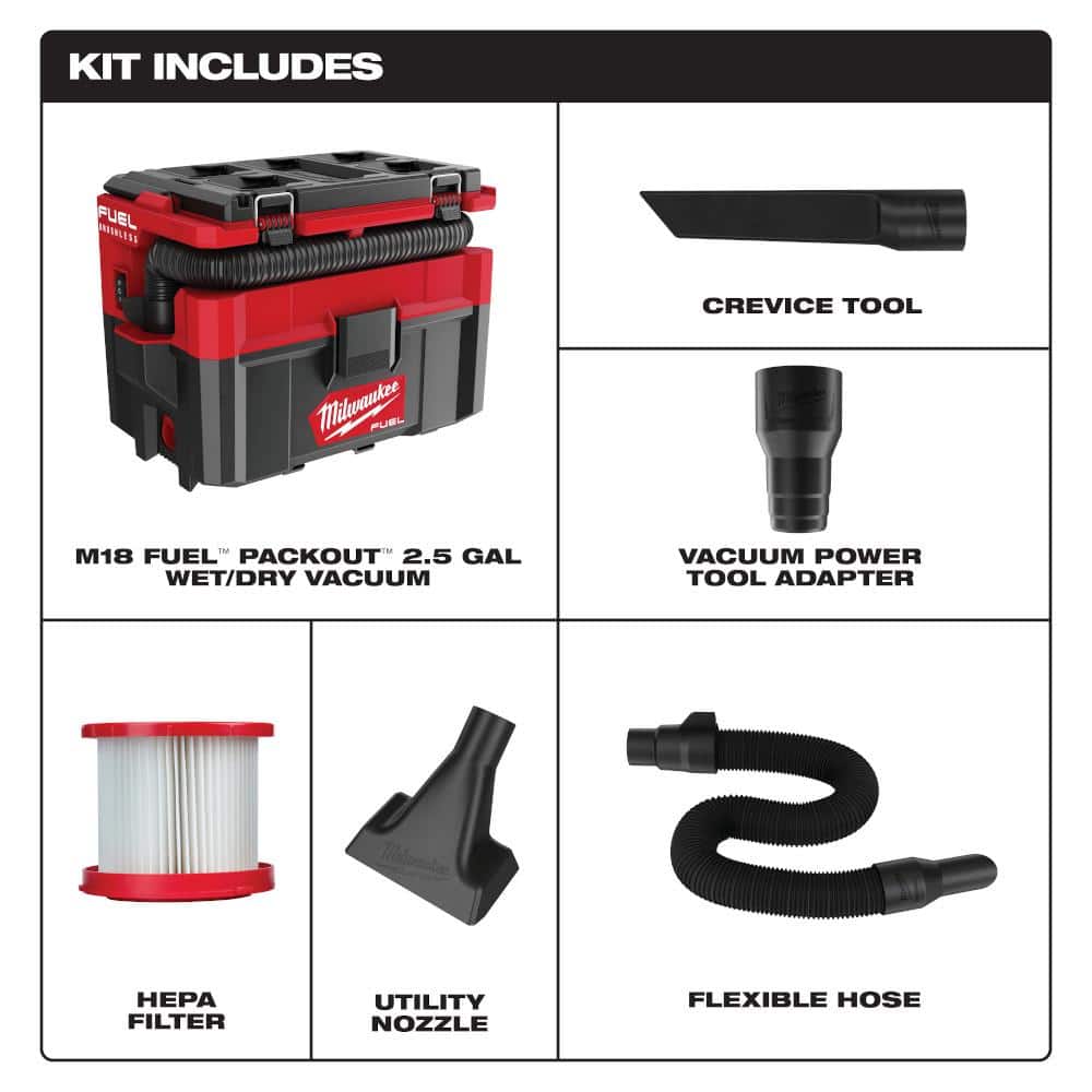 Milwaukee M18 FUEL PACKOUT 18V Cordless 2.5 Gal Wet/Dry Vacuum Kit with 2.0Ah Battery