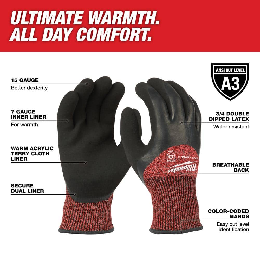 Milwaukee X-Large Red Latex Level 3 Cut Resistant Insulated Winter Dipped Work Gloves (2-Pack)