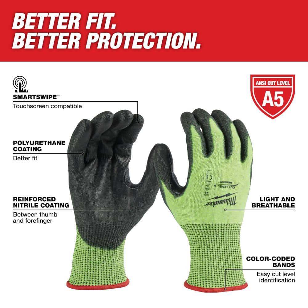 MILWAUKEE XL Smooth Polyurethane Palm-Dipped Work Gloves, Lime/Black – Touchscreen Compatible, ANSI Abrasion Level 3