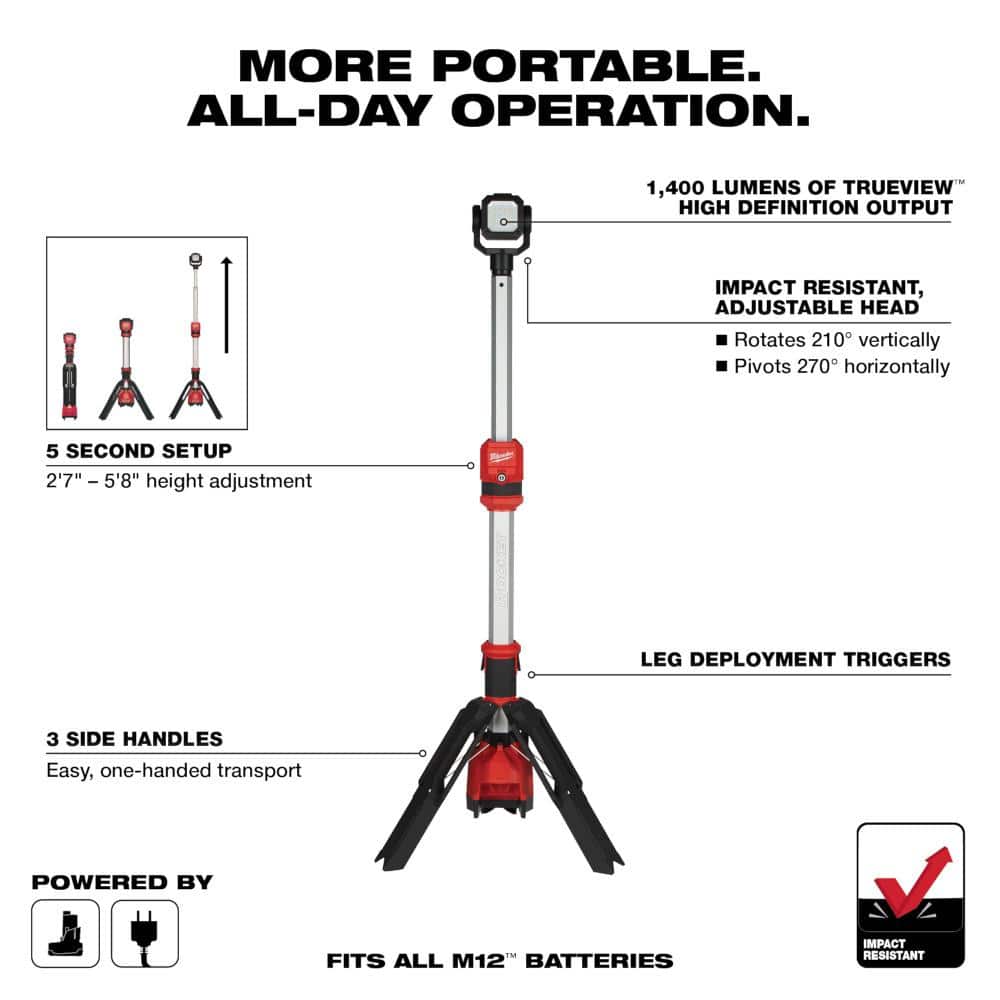 Milwaukee M12 12-Volt Lithium-Ion Cordless 1,400-Lumen ROCKET LED Stand Work Light with 6.0Ah M12 Battery (Model 2132-20 + 48-11-2460)