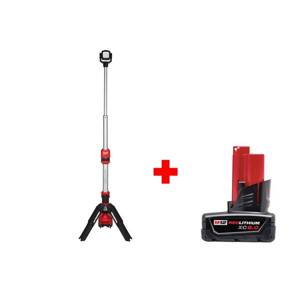 Milwaukee M12 12-Volt Lithium-Ion Cordless 1,400-Lumen ROCKET LED Stand Work Light with 6.0Ah M12 Battery (Model 2132-20 + 48-11-2460)