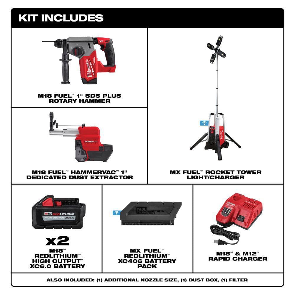 Milwaukee MX FUEL ROCKET Tower Light/Charger with M18 FUEL 1 in. SDS-Plus Rotary Hammer/Dust Extractor Kit