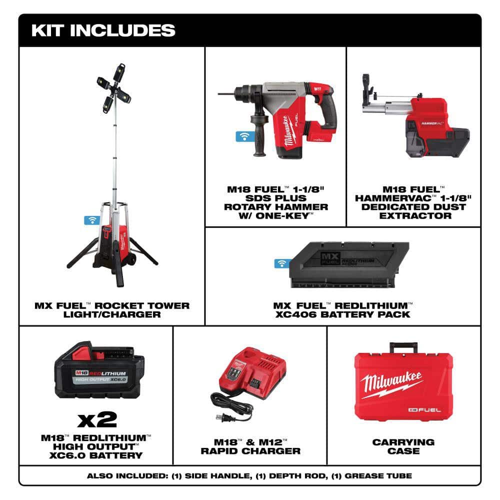 Milwaukee MX FUEL ROCKET Tower Light/Charger with M18 FUEL 1-1/8 in. SDS -Plus Rotary Hammer/Dust Extractor Kit