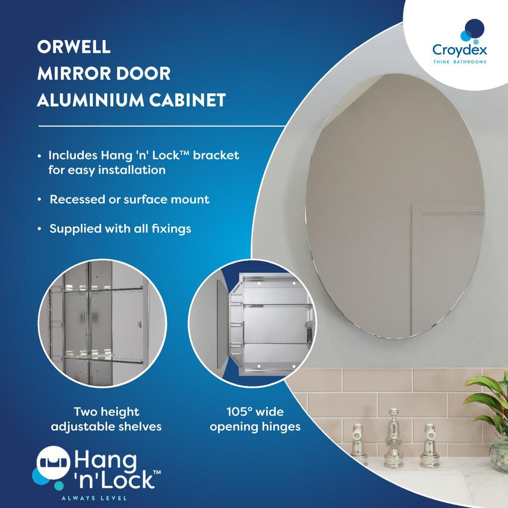 Croydex 21 in. W x 31 in. H Frameless Aluminum Surface-Mount Bathroom Medicine Cabinet with Easy Hang System