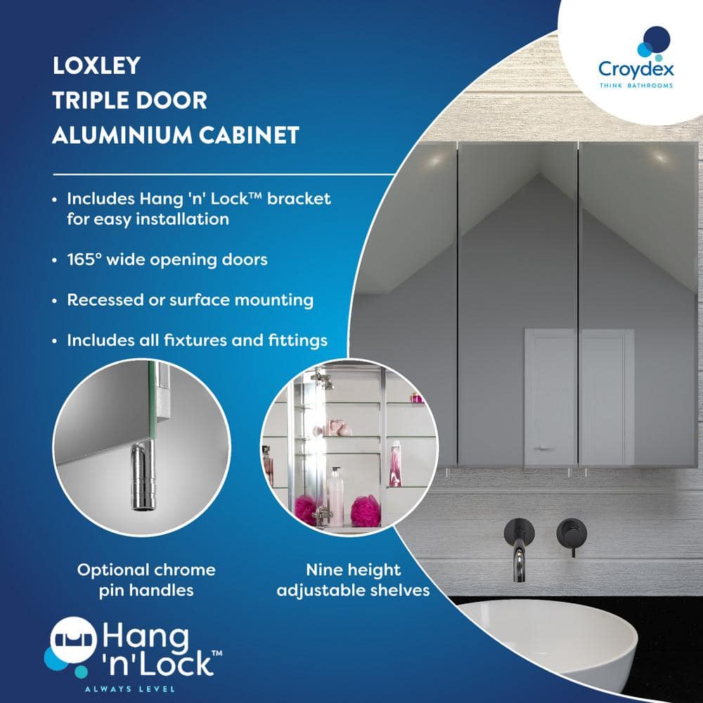 Croydex 30 in. W x 26 in. H Frameless Aluminum Recessed or Surface-Mount Bathroom Medicine Cabinet with Easy Hang System