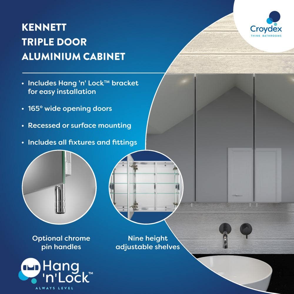 Croydex 36 in. W x 26 in. H x 5-1/4 in. D Frameless Aluminum Recessed or Surface-Mount Medicine Cabinet with Easy Hang System
