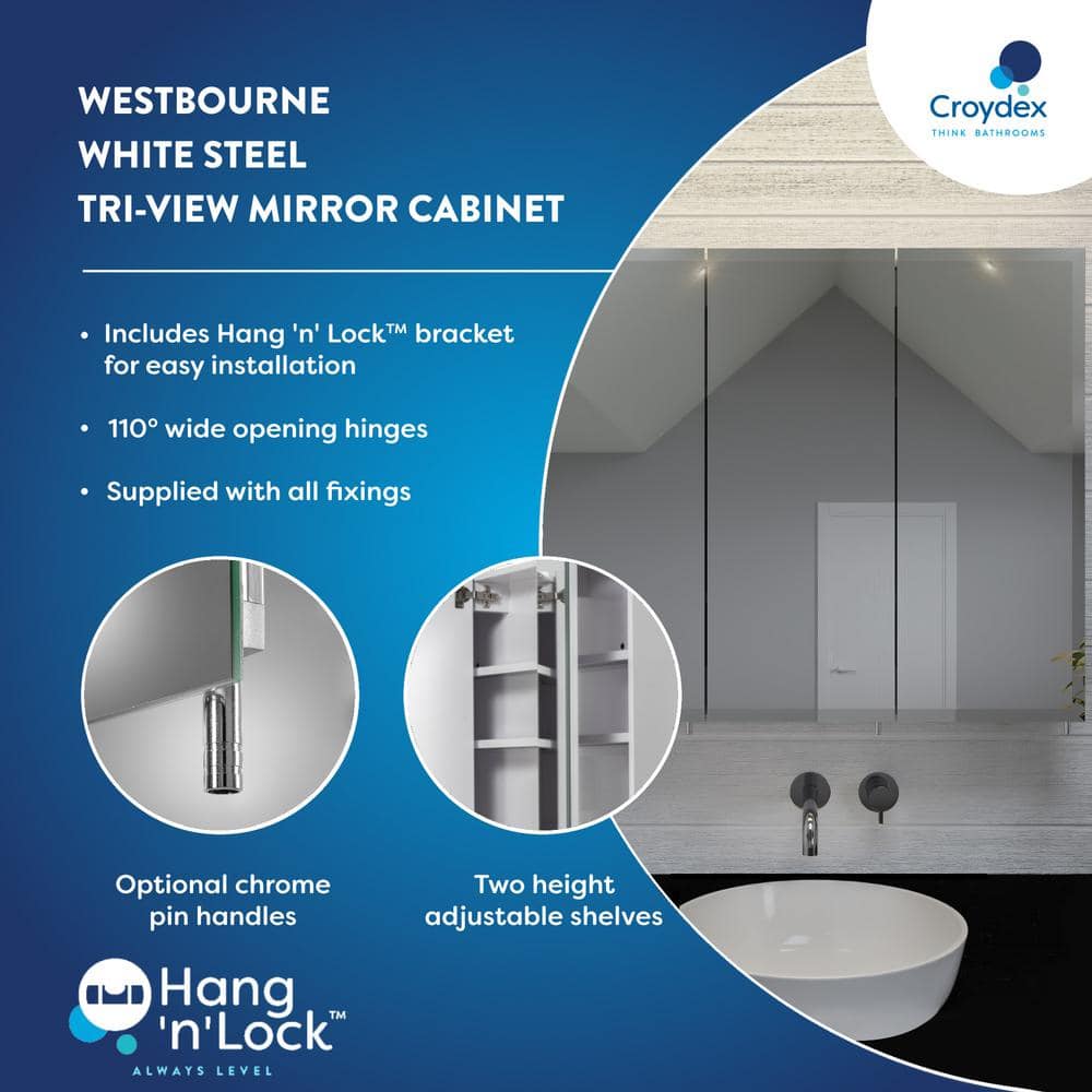 Croydex 36 in. W x 30 in. H x 5-1/4 in. D Frameless Tri-View Surface-Mount Medicine Cabinet with Easy Hang System in White