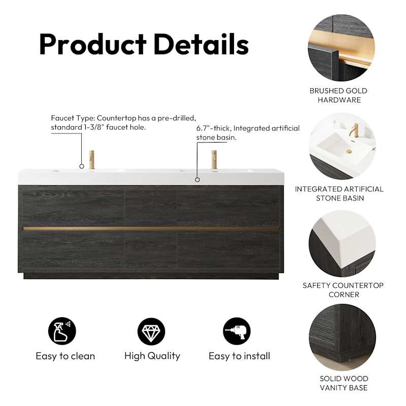 Miseno Huesca 84" Free Standing Double Basin Vanity Set with Cabinet and Composite Stone Top – No Mirror (North American Oak)