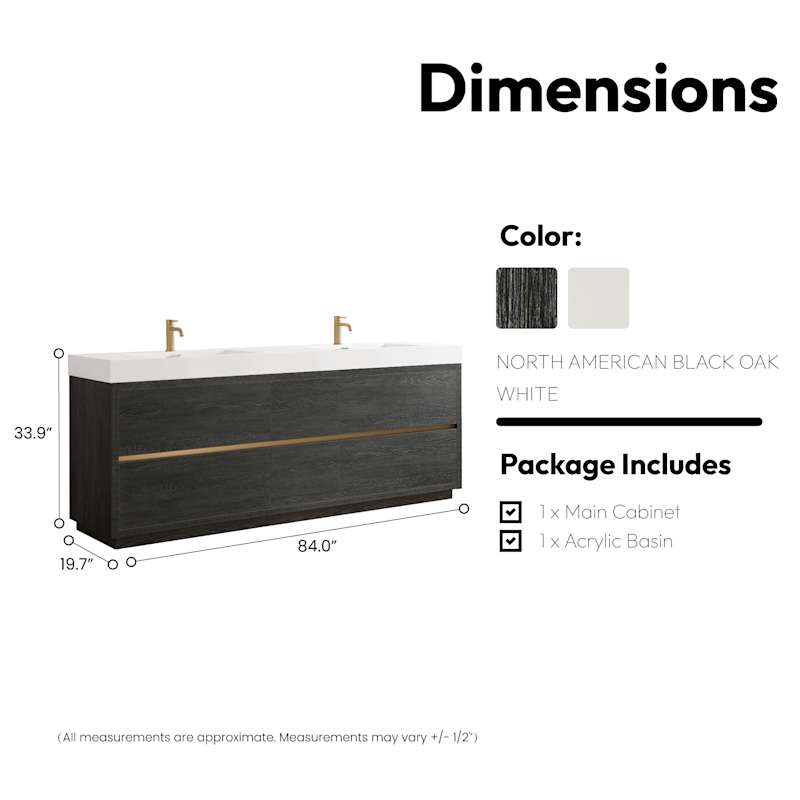 Miseno Huesca 84" Free Standing Double Basin Vanity Set with Cabinet and Composite Stone Top – No Mirror (North American Oak)