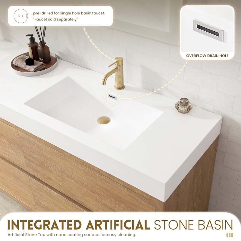 Miseno Huesca 84" Free Standing Double Basin Vanity Set with Cabinet and Composite Stone Top – No Mirror (North American Oak)