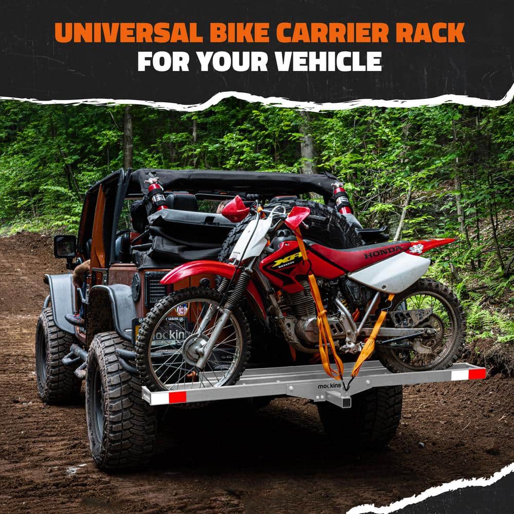 Mockins 500 lb. Capacity Heavy-Duty Steel Hitch Mount Dirt Bike Carrier 73in. Includes Loading Ramp, Straps and Hitch Stabilizer