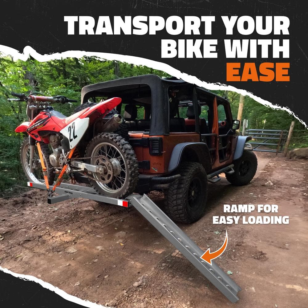 Mockins 500 lb. Capacity Heavy-Duty Steel Hitch Mount Dirt Bike Carrier 73in. Includes Loading Ramp, Straps and Hitch Stabilizer