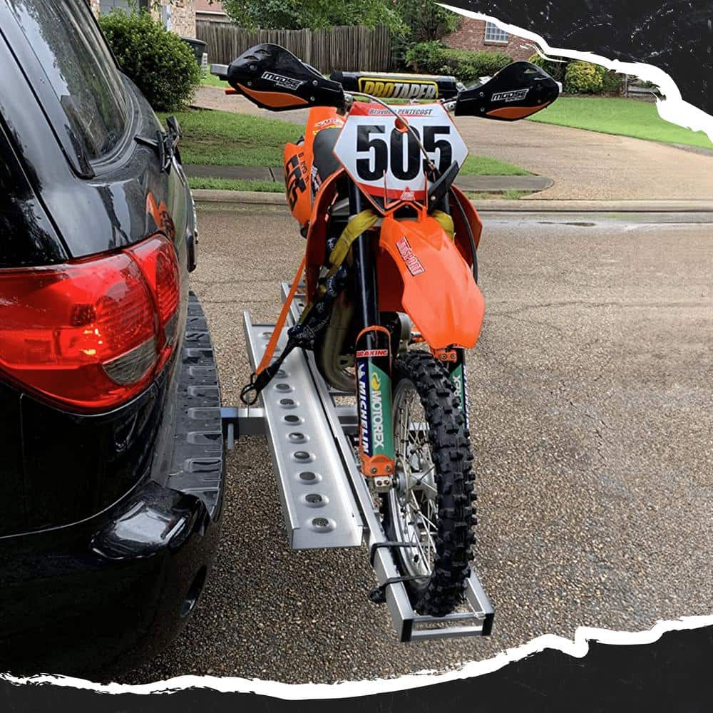 Mockins 500 lb. Capacity Heavy-Duty Steel Hitch Mount Dirt Bike Carrier 73in. Includes Loading Ramp, Straps and Hitch Stabilizer