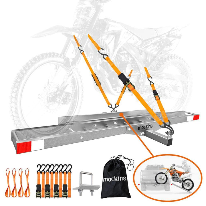Mockins 500 lb. Capacity Heavy-Duty Steel Hitch Mount Dirt Bike Carrier 73in. Includes Loading Ramp, Straps and Hitch Stabilizer