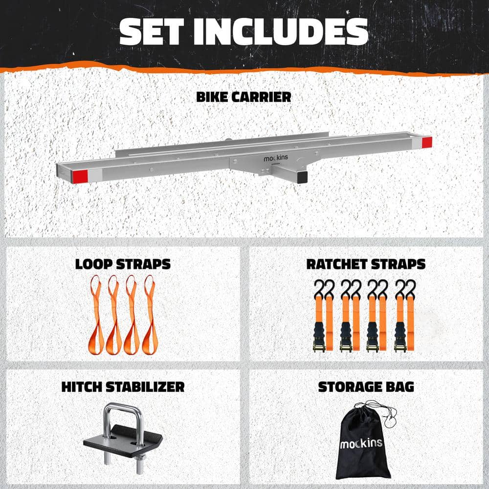 Mockins 500 lb. Capacity Heavy-Duty Steel Hitch Mount Dirt Bike Carrier 73in. Includes Loading Ramp, Straps and Hitch Stabilizer