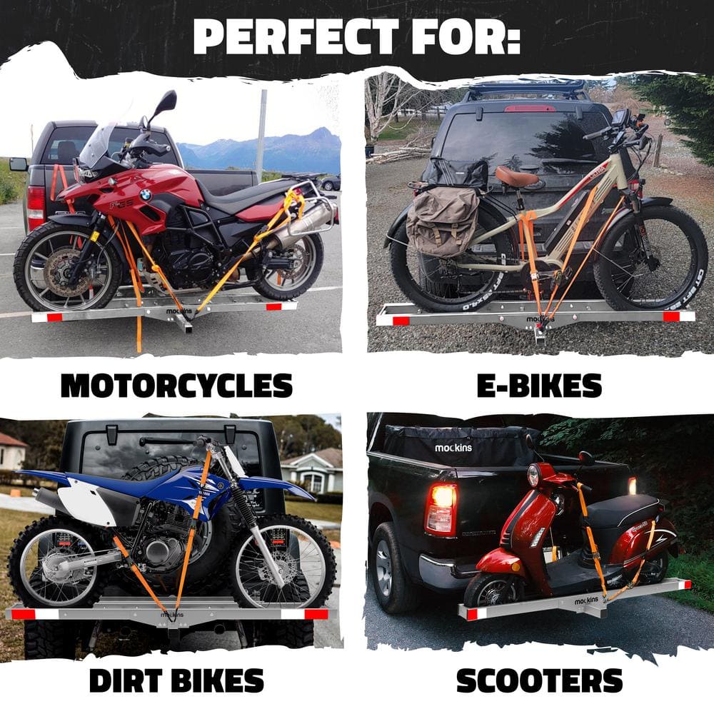 Mockins 500 lb. Capacity Heavy-Duty Steel Hitch Mount Dirt Bike Carrier 73in. Includes Loading Ramp, Straps and Hitch Stabilizer