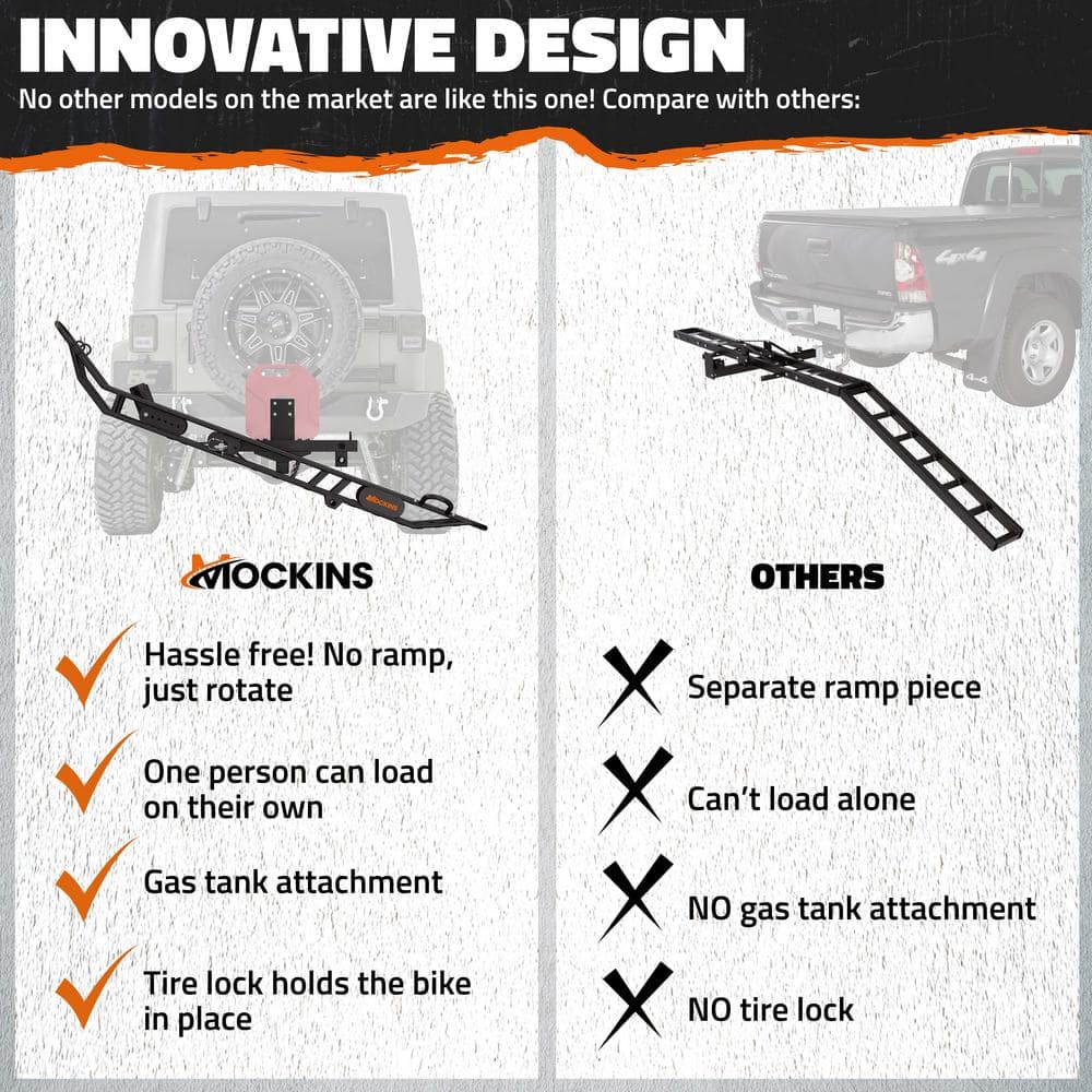 Mockins 510 lbs. Capacity Dirt Bike Hitch Hauler - Ramp Free, Tilting Design for Easy 1-Person Loading - Gas Can Attachment