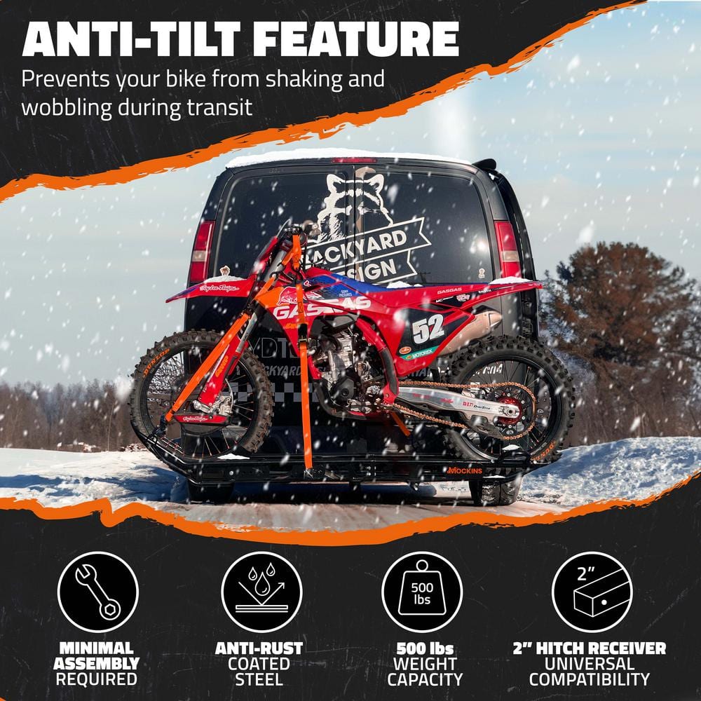 Mockins 510 lbs. Capacity Dirt Bike Hitch Hauler - Ramp Free, Tilting Design for Easy 1-Person Loading - Gas Can Attachment
