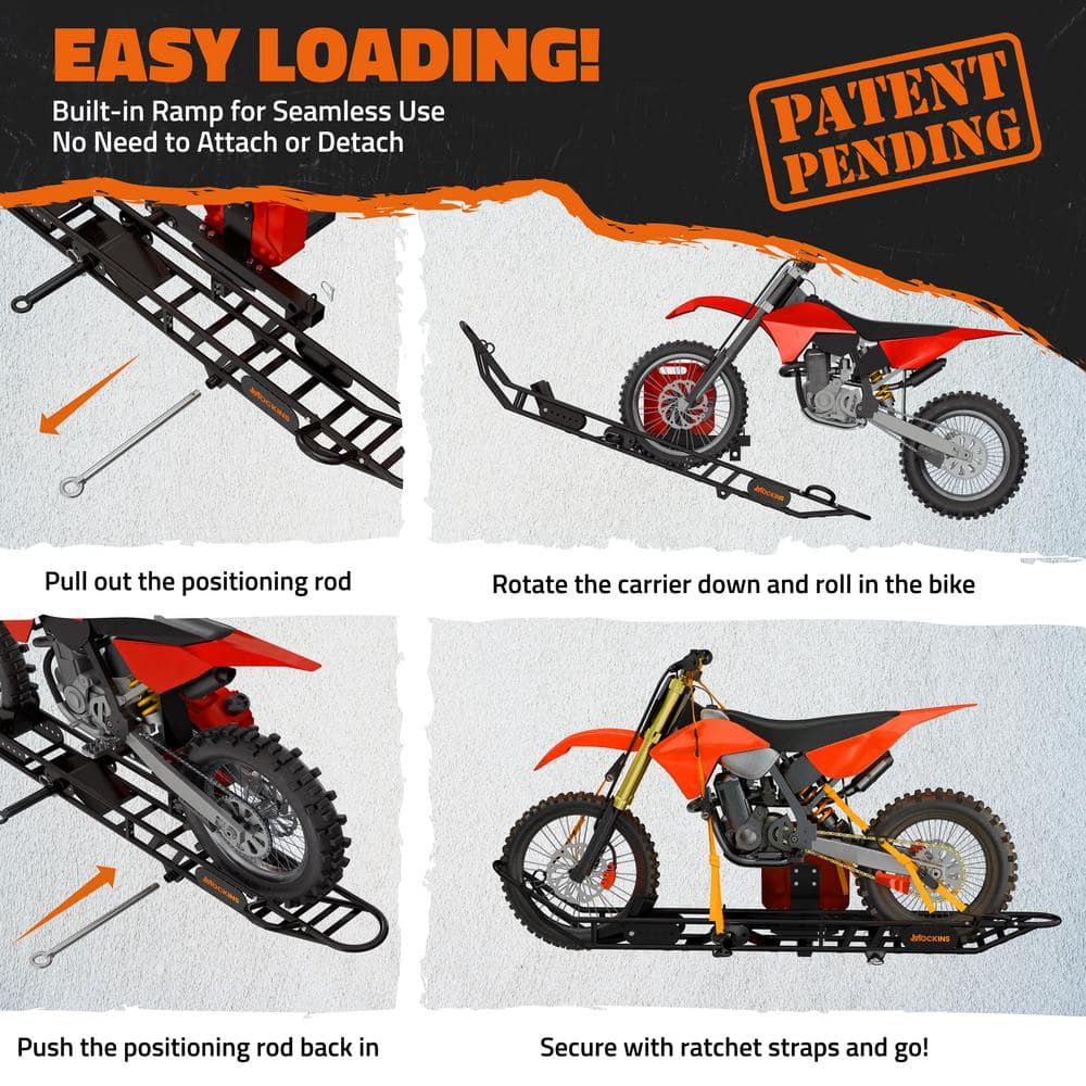 Mockins 510 lbs. Capacity Dirt Bike Hitch Hauler - Ramp Free, Tilting Design for Easy 1-Person Loading - Gas Can Attachment