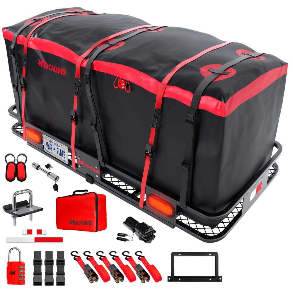 Mockins 70 in. x 30 in. x 6 in. 500 lbs Capacity XL Hitch Cargo Carrier w/Rear Lights, 40 CuFt Red Cargo Bag, Locks and Straps