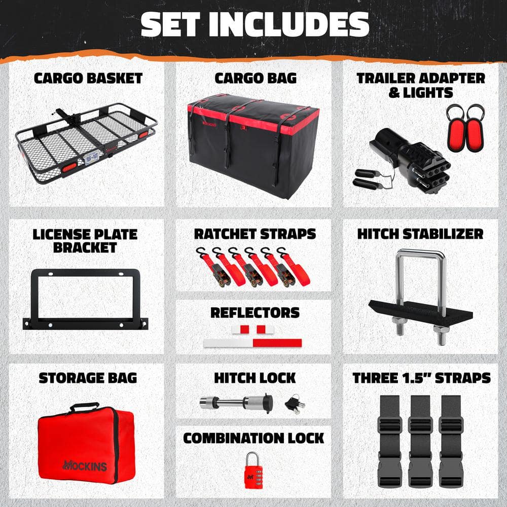Mockins 70 in. x 30 in. x 6 in. 500 lbs Capacity XL Hitch Cargo Carrier w/Rear Lights, 40 CuFt Red Cargo Bag, Locks and Straps