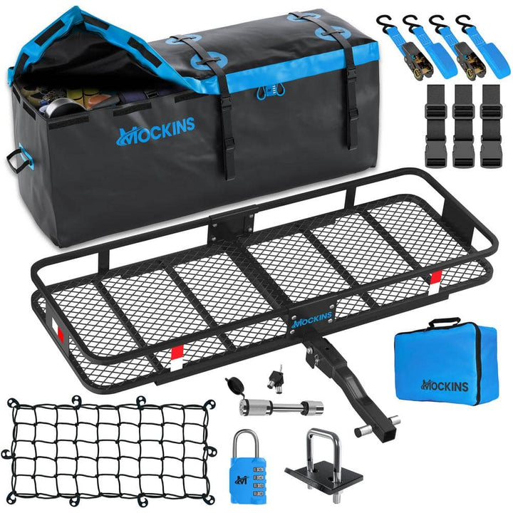 Mockins 60 in. x 20 in. x 6 in. Hitch Cargo Carrier Basket w/16 cu. ft. Waterproof Cargo Bag-Folding Shank and 2 in. Raise-Blue