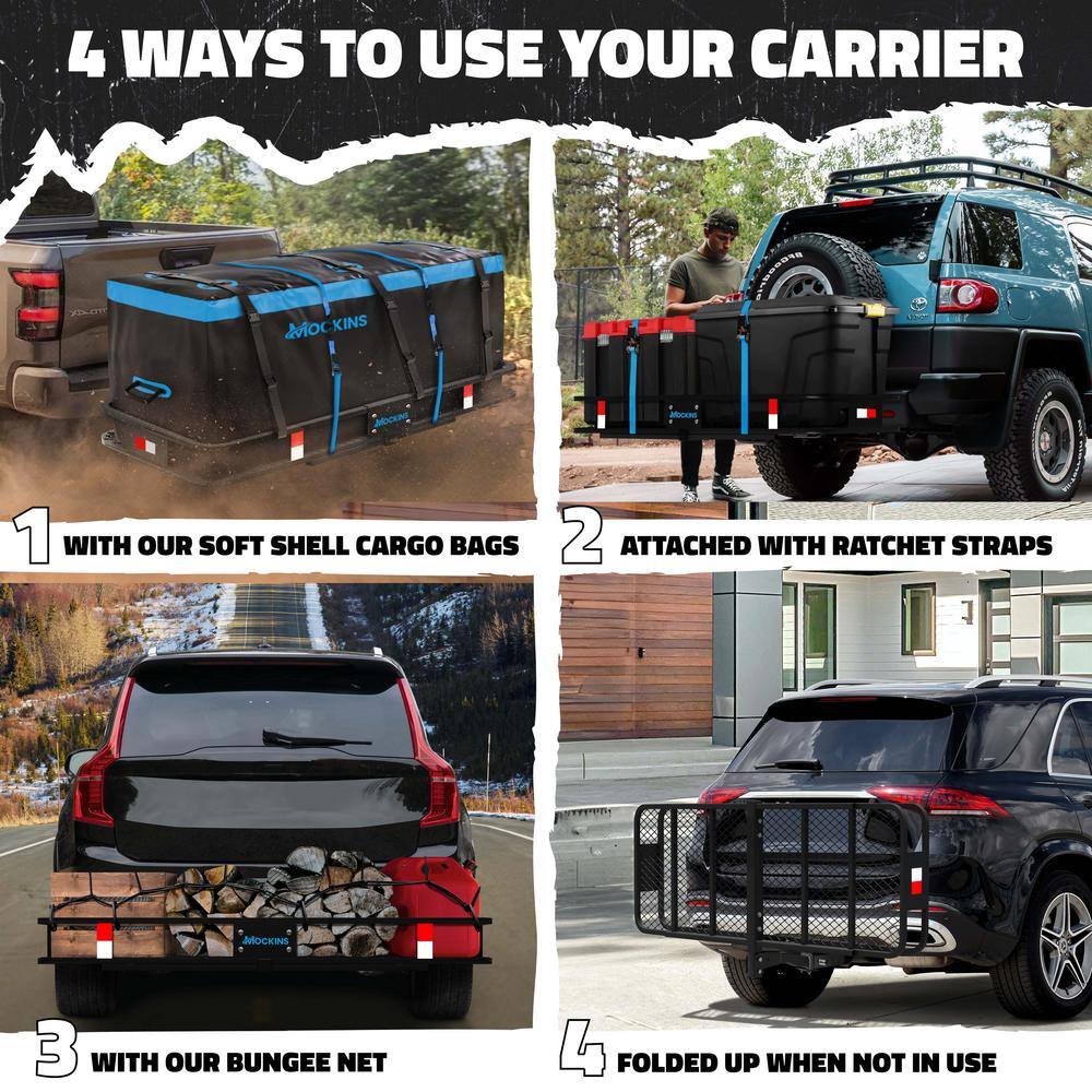 Mockins 60 in. x 20 in. x 6 in. Hitch Cargo Carrier Basket w/16 cu. ft. Waterproof Cargo Bag-Folding Shank and 2 in. Raise-Blue