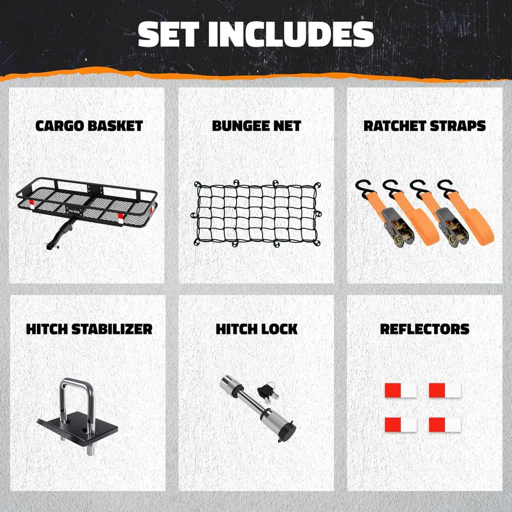 Mockins 500 lbs. Capacity Hitch Mount Cargo Carrier Set with Net, Basket, Straps, Foldable Shank and 2 in. Raise