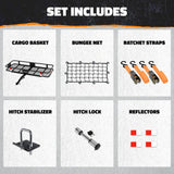Mockins 500 lbs. Capacity Hitch Mount Cargo Carrier Set with Net, Basket, Straps, Foldable Shank and 2 in. Raise