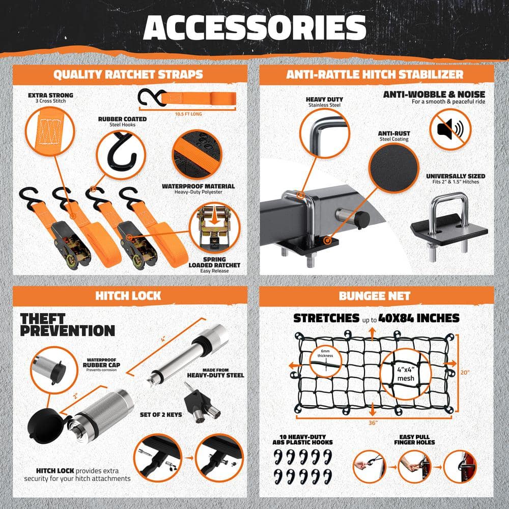 Mockins 500 lbs. Capacity Hitch Mount Cargo Carrier Set with Net, Basket, Straps, Foldable Shank and 2 in. Raise