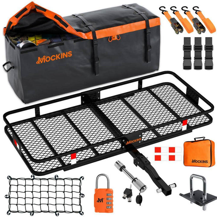 Mockins 500 lbs. Capacity Hitch Mount Cargo Carrier Basket, 16 cu. ft. Cargo Bag , Thick Straps, Foldable Shank and 2 in. Raise
