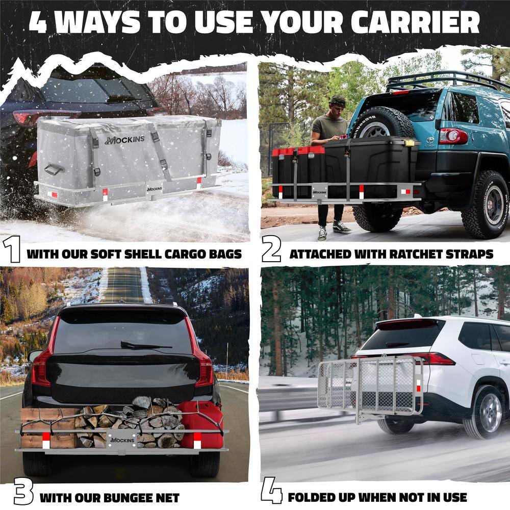 Mockins 500 lb. Capacity Gray Hitch Mount Cargo Carrier Basket with 16 cu. ft. Cargo Bag, Net, Straps, Folding Shank, 2in. Raise