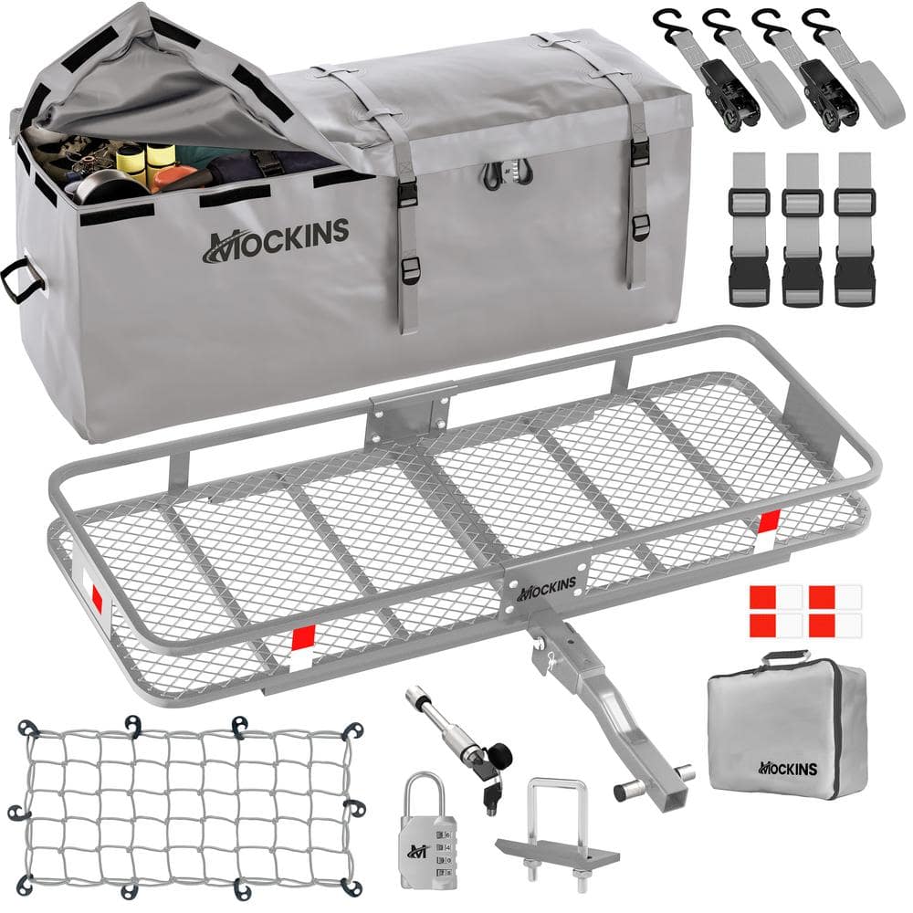 Mockins 500 lb. Capacity Gray Hitch Mount Cargo Carrier Basket with 16 cu. ft. Cargo Bag, Net, Straps, Folding Shank, 2in. Raise