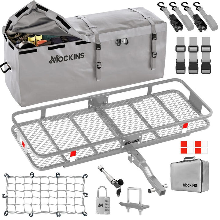 Mockins 500 lb. Capacity Gray Hitch Mount Cargo Carrier Basket with 16 cu. ft. Cargo Bag, Net, Straps, Folding Shank, 2in. Raise