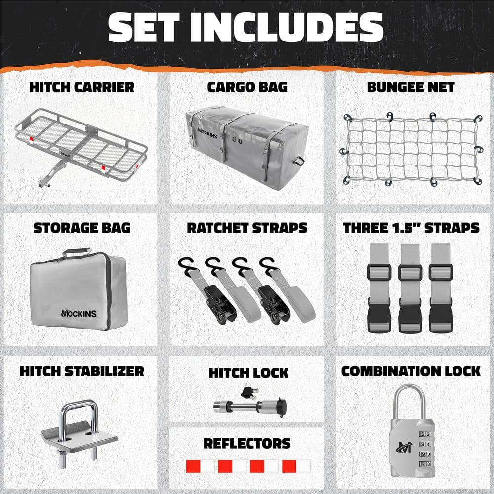 Mockins 500 lb. Capacity Gray Hitch Mount Cargo Carrier Basket with 16 cu. ft. Cargo Bag, Net, Straps, Folding Shank, 2in. Raise