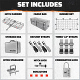 Mockins 500 lb. Capacity Gray Hitch Mount Cargo Carrier Basket with 16 cu. ft. Cargo Bag, Net, Straps, Folding Shank, 2in. Raise