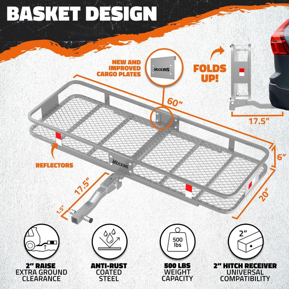 Mockins 500 lb. Capacity Gray Hitch Mount Cargo Carrier Basket with 16 cu. ft. Cargo Bag, Net, Straps, Folding Shank, 2in. Raise