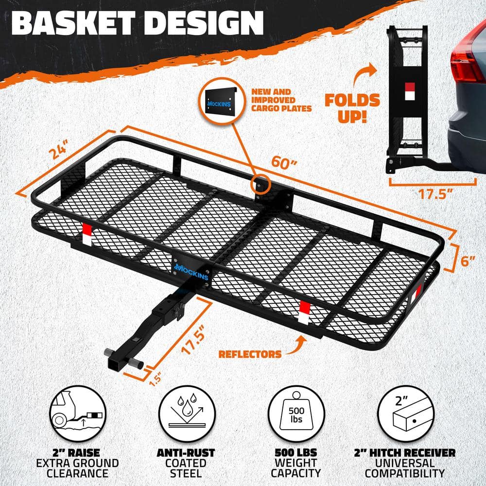 Mockins 500 lbs. Capacity XL Hitch Mount Cargo Carrier Set - Folding Shank and 2 in. Raise, Cargo Bag, Net, Straps, Locks - Blue