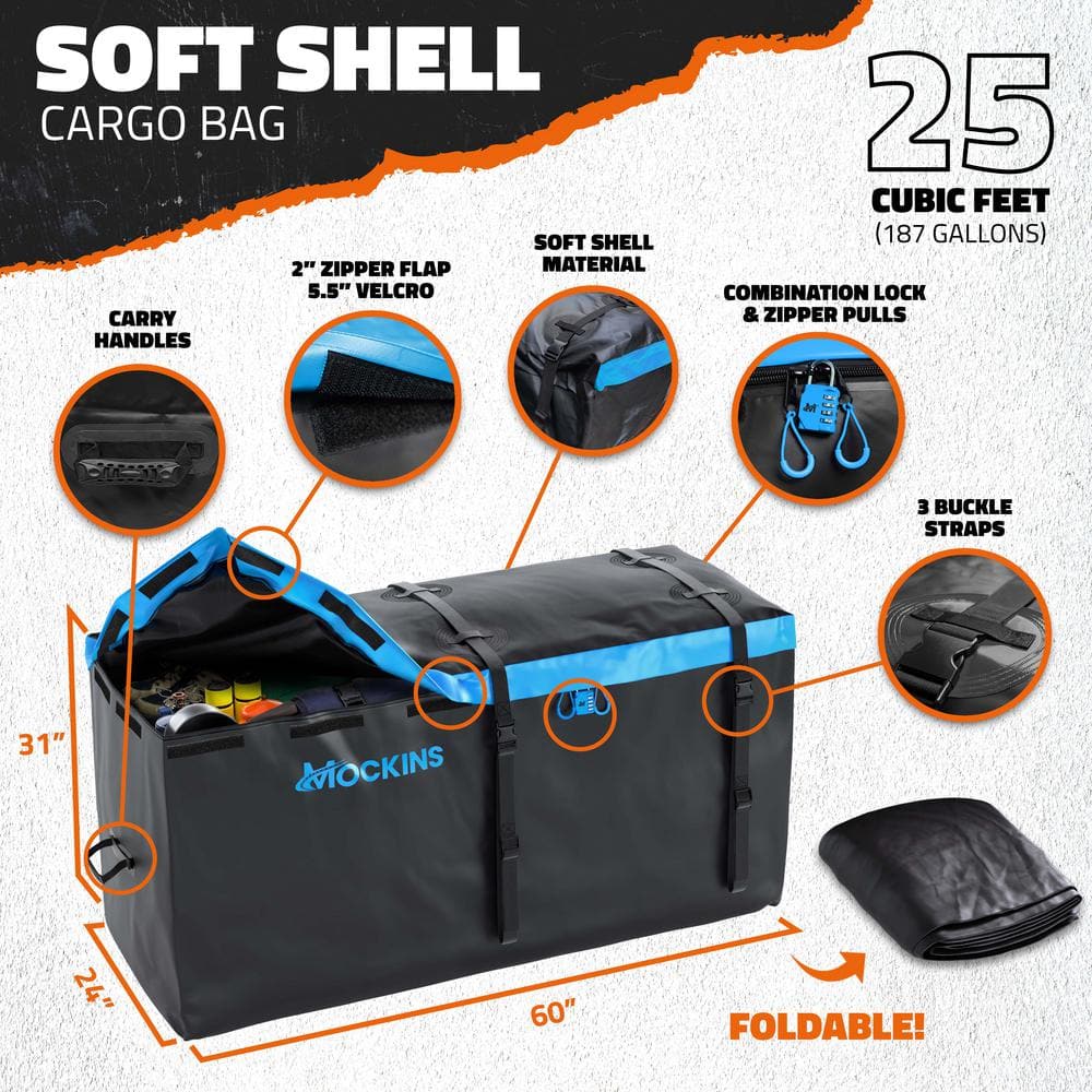 Mockins 500 lbs. Capacity XL Hitch Mount Cargo Carrier Set - Folding Shank and 2 in. Raise, Cargo Bag, Net, Straps, Locks - Blue