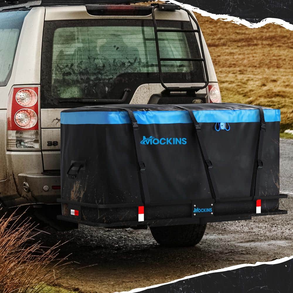 Mockins 500 lbs. Capacity XL Hitch Mount Cargo Carrier Set - Folding Shank and 2 in. Raise, Cargo Bag, Net, Straps, Locks - Blue