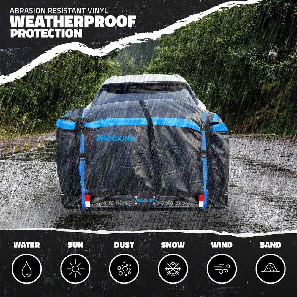 Mockins 500 lbs. Capacity XL Hitch Mount Cargo Carrier Set - Folding Shank and 2 in. Raise, Cargo Bag, Net, Straps, Locks - Blue