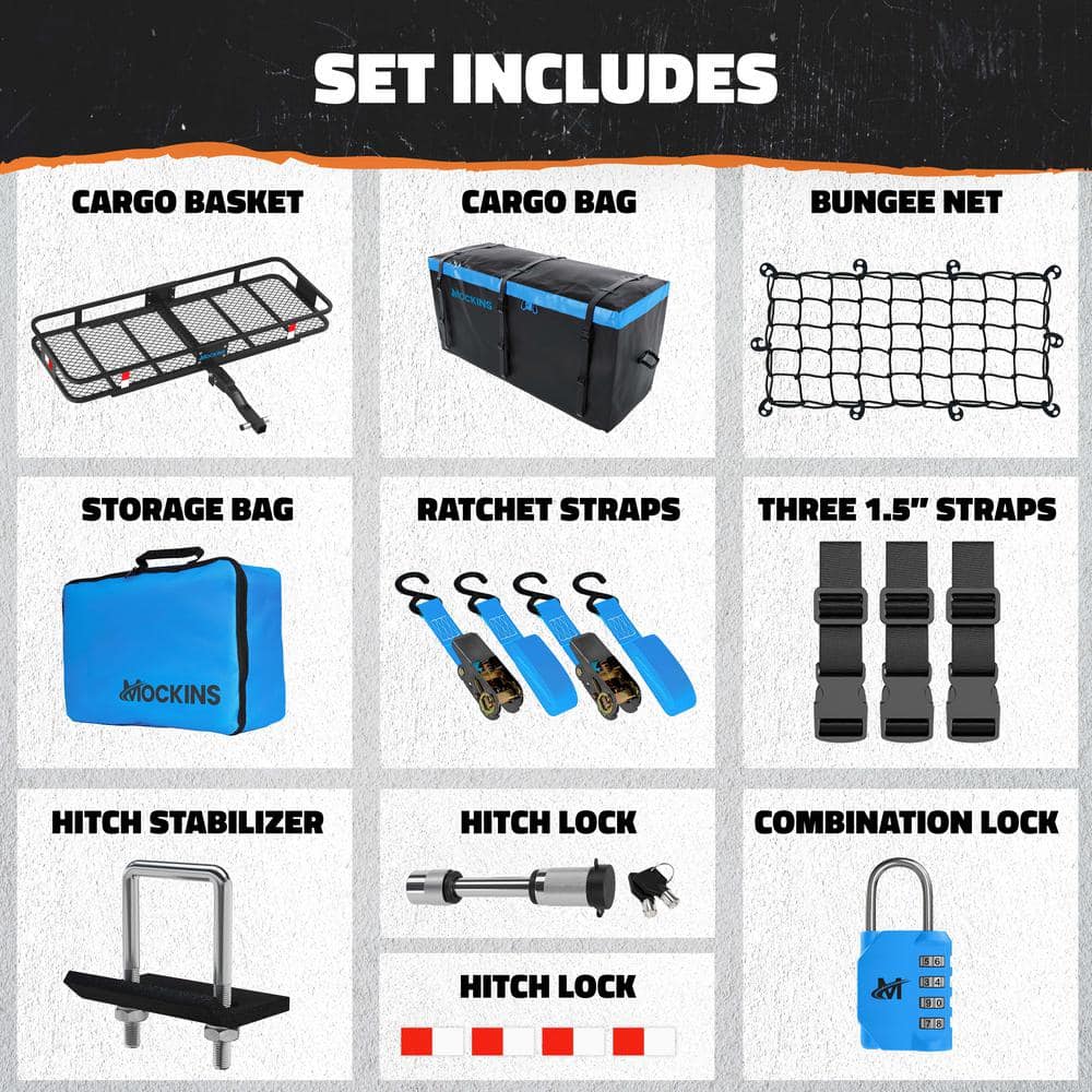 Mockins 500 lbs. Capacity XL Hitch Mount Cargo Carrier Set - Folding Shank and 2 in. Raise, Cargo Bag, Net, Straps, Locks - Blue