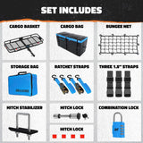 Mockins 500 lbs. Capacity XL Hitch Mount Cargo Carrier Set - Folding Shank and 2 in. Raise, Cargo Bag, Net, Straps, Locks - Blue